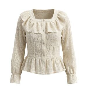 🕯️Cosmic Cottage/Prairie Blouse Ruffle Lace Peplum Star Embroidery, Size Medium